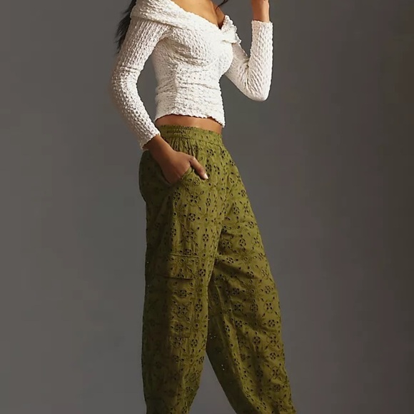 Anthropologie Women’s Eyelet Cargo Jogger Pants Army Green Cotton Pocket Size SP - Picture 6 of 10
